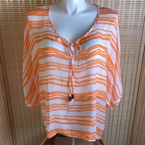 🔷Larsen  Gray White & Orange Shear Blouse With Tie Front & Wide Sleeves Size 1X